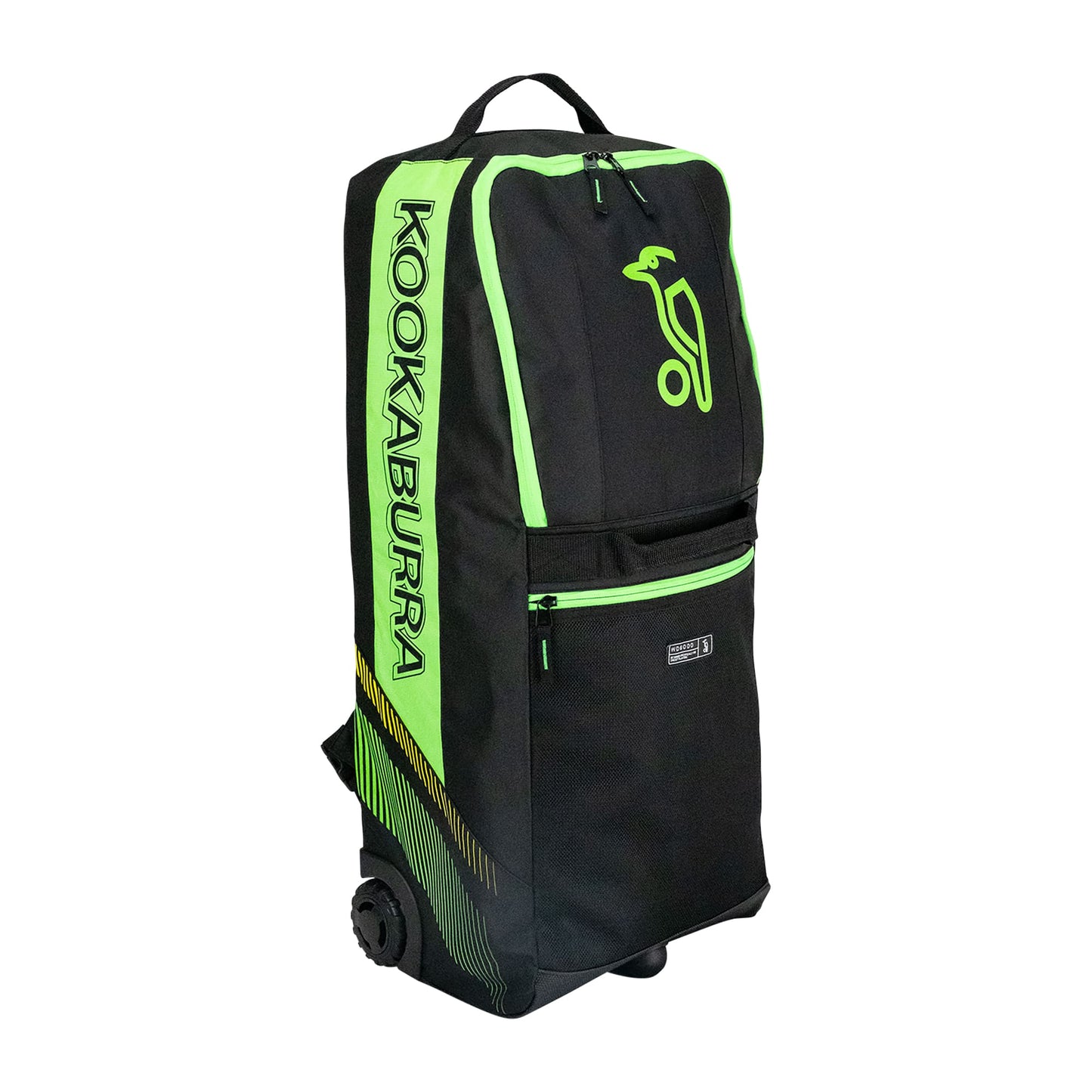 Front-facing view of Kookaburra WD6000 Wheelie Duffle Bag in black and green for junior cricketers