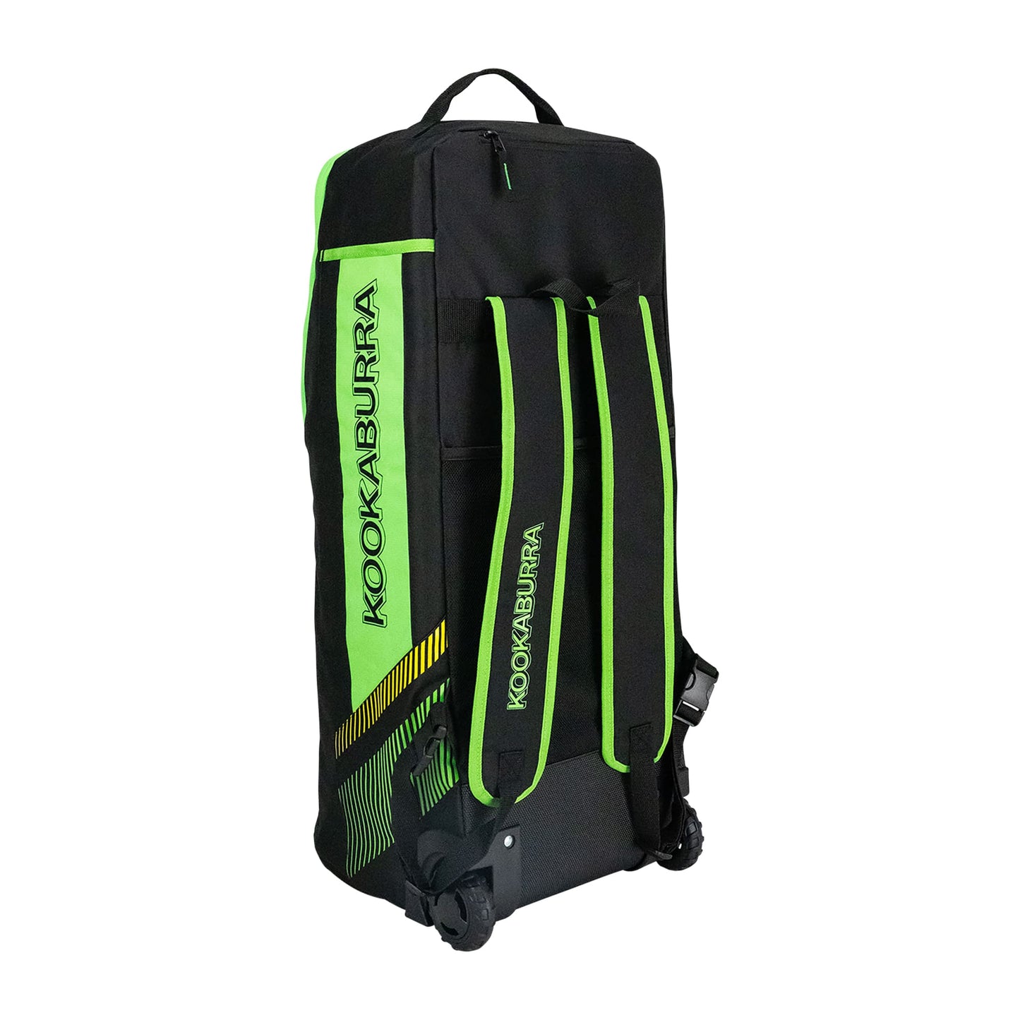 Side profile of Kookaburra WD6000 Wheelie Duffle Bag in black and green with reinforced base