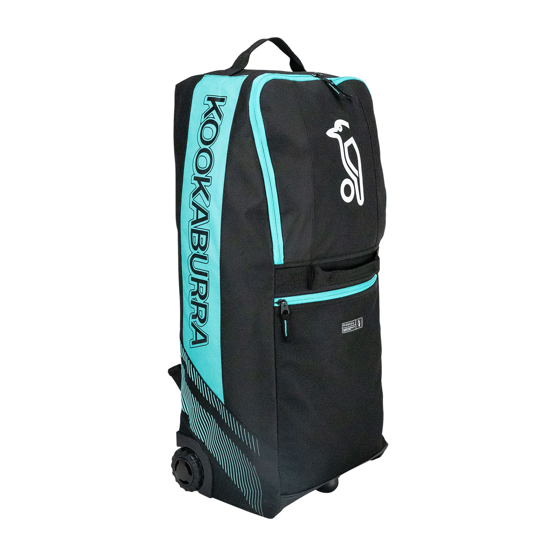 Kookaburra WD6000 Wheelie Duffle Bag in black and teal with upright front view and large logo