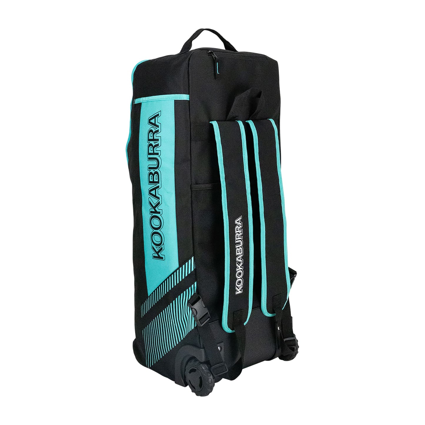 Angled side view of Kookaburra WD6000 Duffle Bag in black and teal showing wheel base and pockets