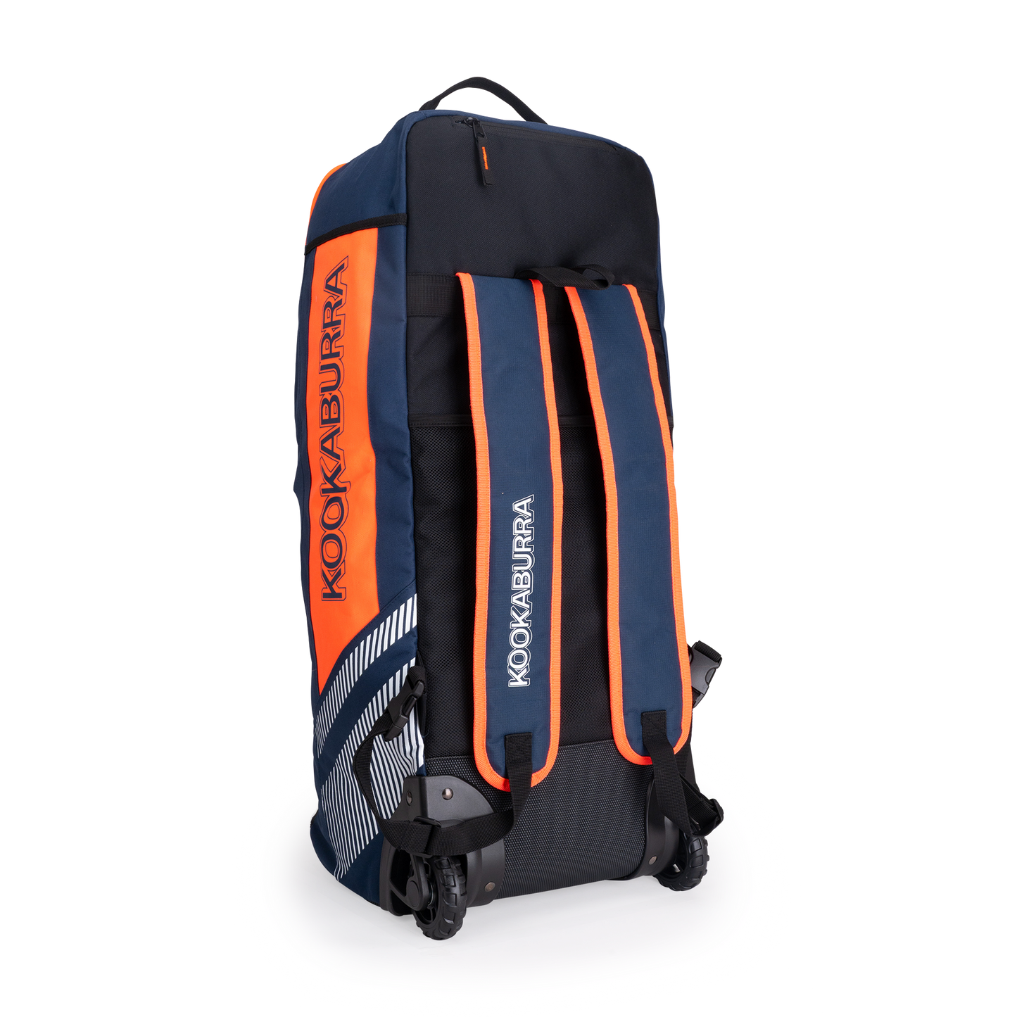 Side view of navy and orange Kookaburra WD6000 Wheelie Duffle Bag with wheels and large storage area