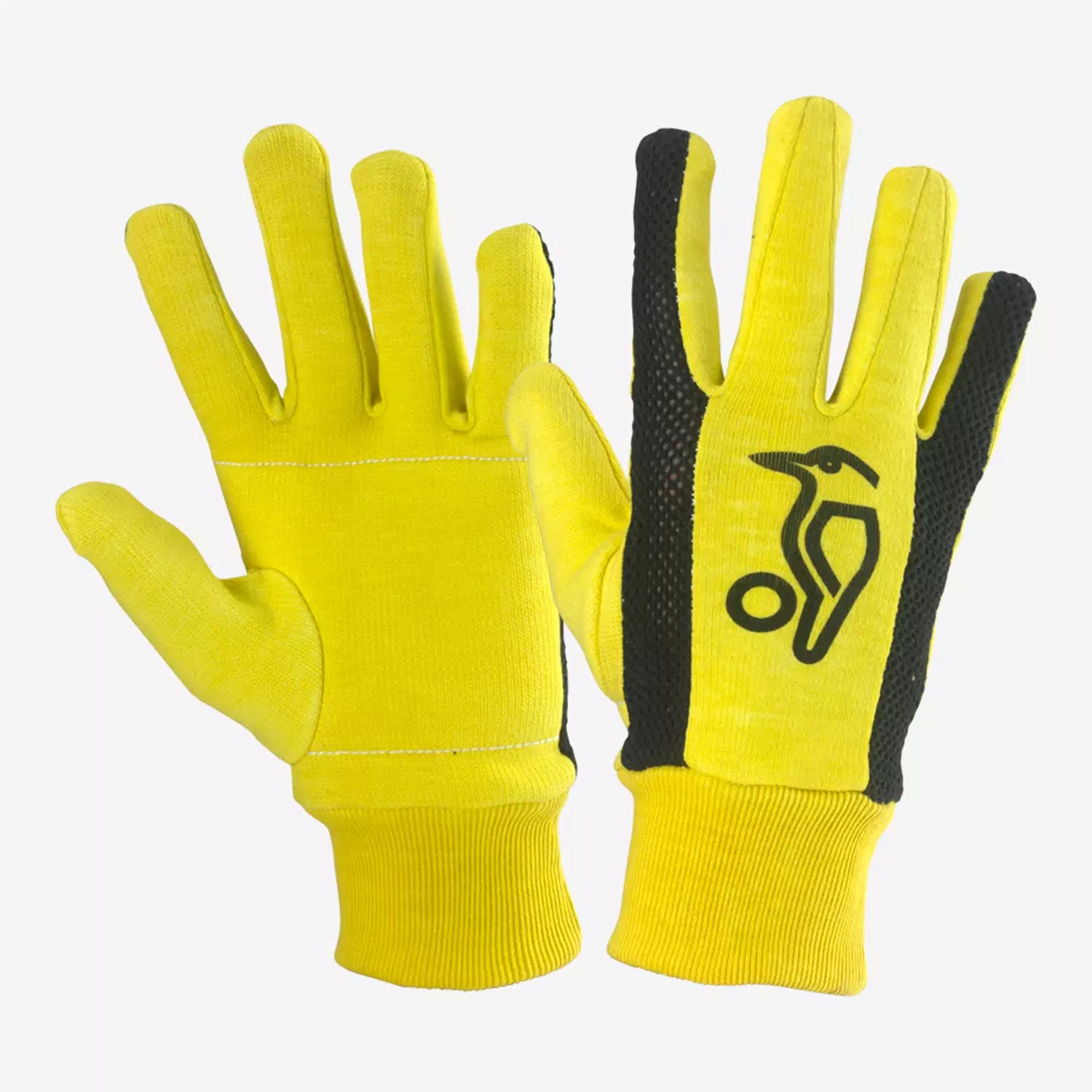 front and back view of yellow padded cotton wicket keeping inners with mesh back and foam palm padding