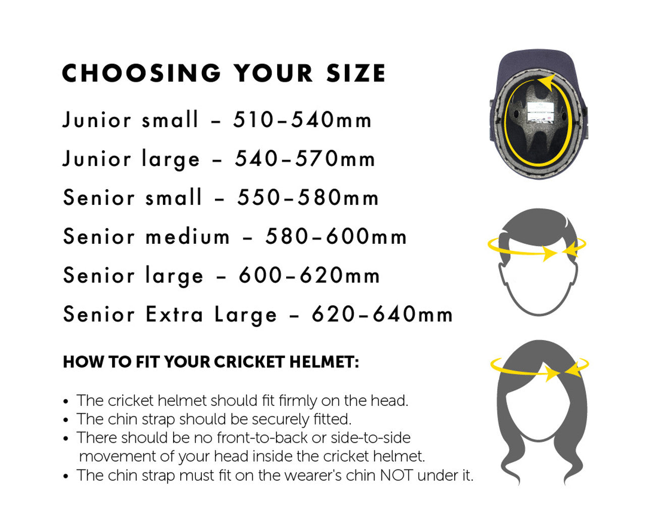 Size guide chart for Masuri cricket helmets including junior small and large options