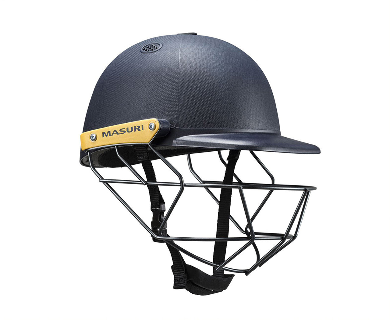 Front side view of Masuri C Line Steel Junior Helmet in navy with steel grill