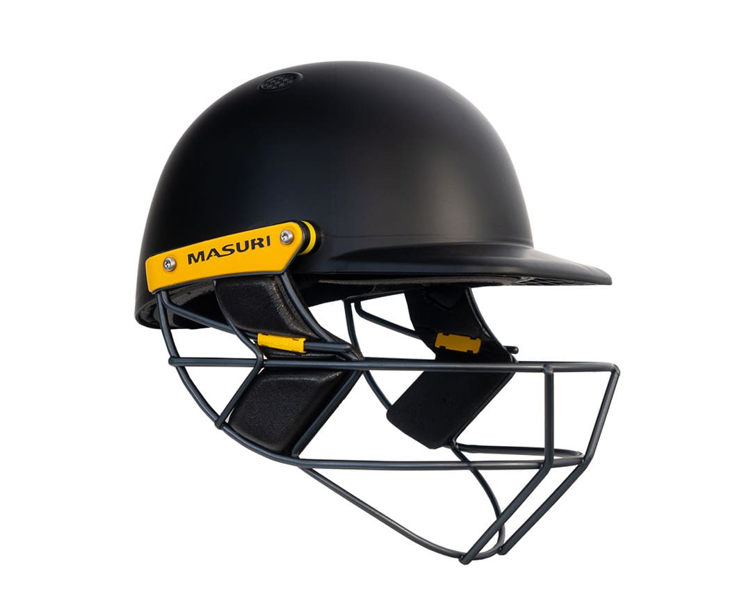 Masuri E-Line Plus Titanium senior helmet in black shown on white background, side profile with grille