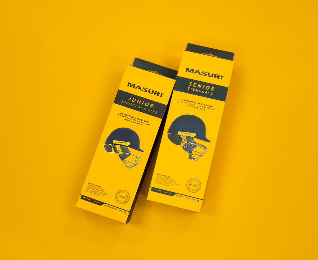 Two boxes of Masuri StemGuard Elite Senior side by side on yellow background