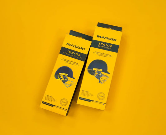 Masuri StemGuard Lite Junior and Senior packaging side by side on a yellow background