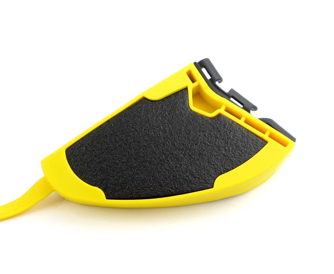 Close-up of Masuri StemGuard Lite Junior showing lightweight yellow protective guard with foam padding