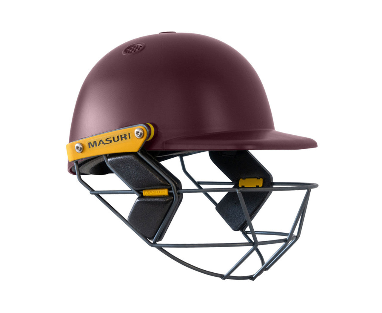 Masuri T-Line Plus junior small cricket helmet in maroon with steel grill and yellow logo on side profile