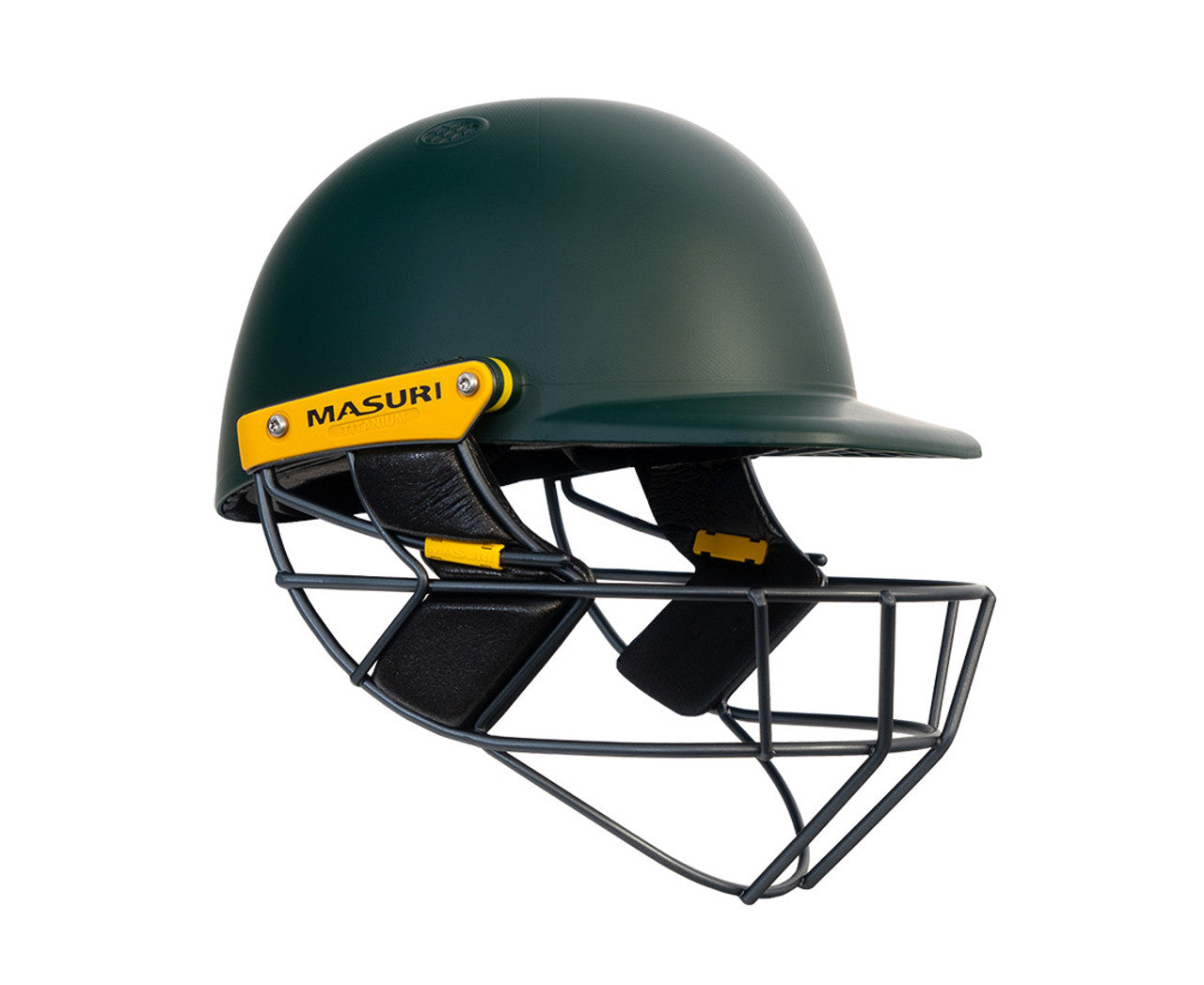Masuri T-Line Plus Titanium senior cricket helmet in green with titanium grill and yellow side branding