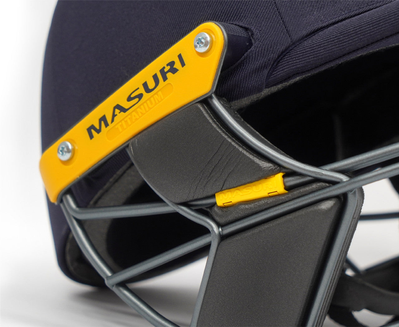 Close-up of Masuri logo and grille detailing on T Line Junior helmet