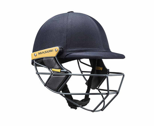 Masuri T Line Steel Senior Batting Helmet in navy with yellow Masuri branding and protective steel grill.