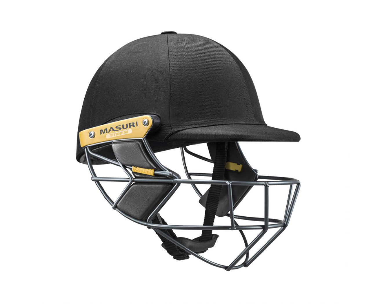 Masuri T Line Titanium Senior Batting Helmet in black, front angle showing titanium grille and cloth-covered shell.
