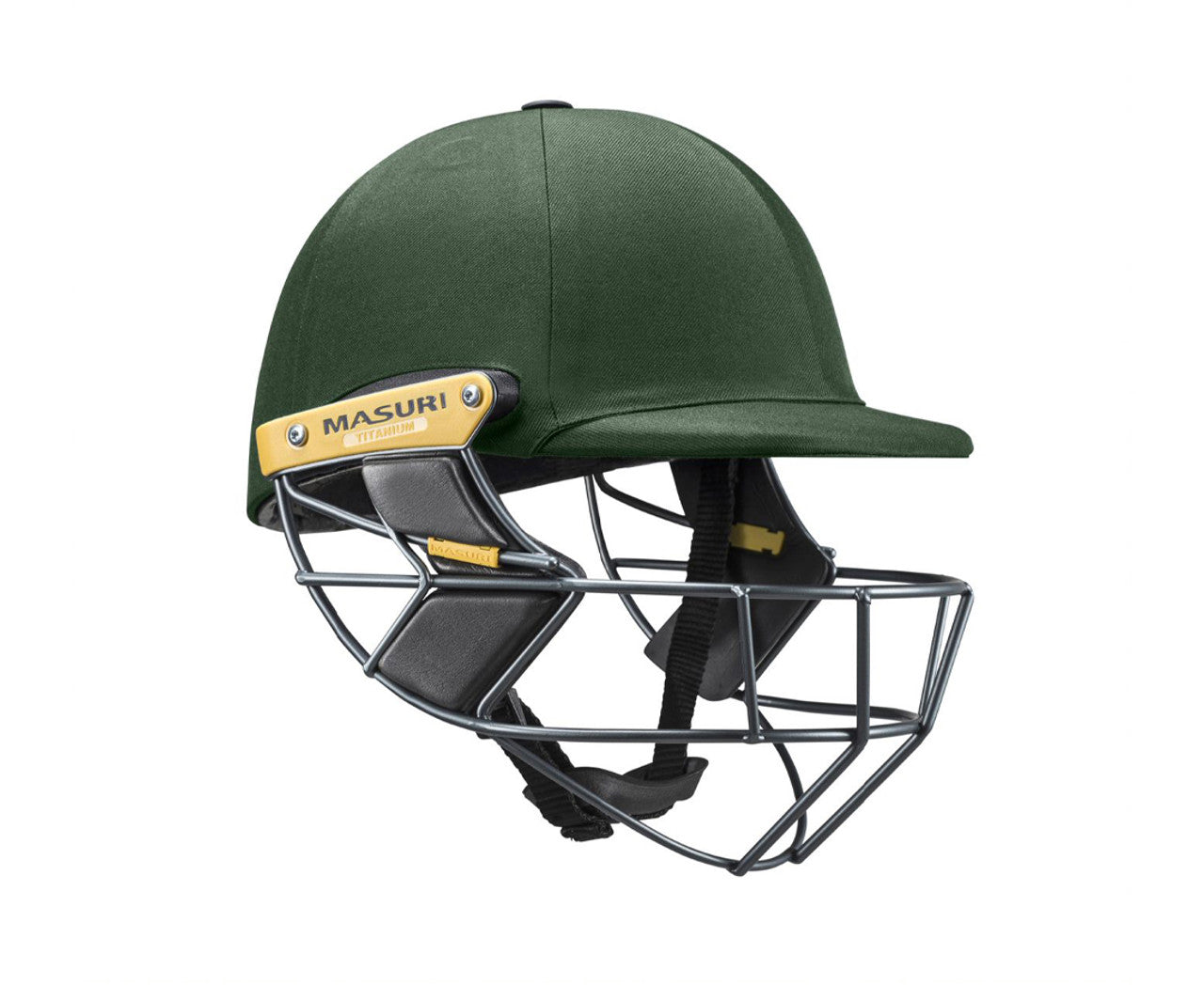 Masuri T Line Titanium Senior Helmet in green, showing titanium grille and airflow cooling vents.