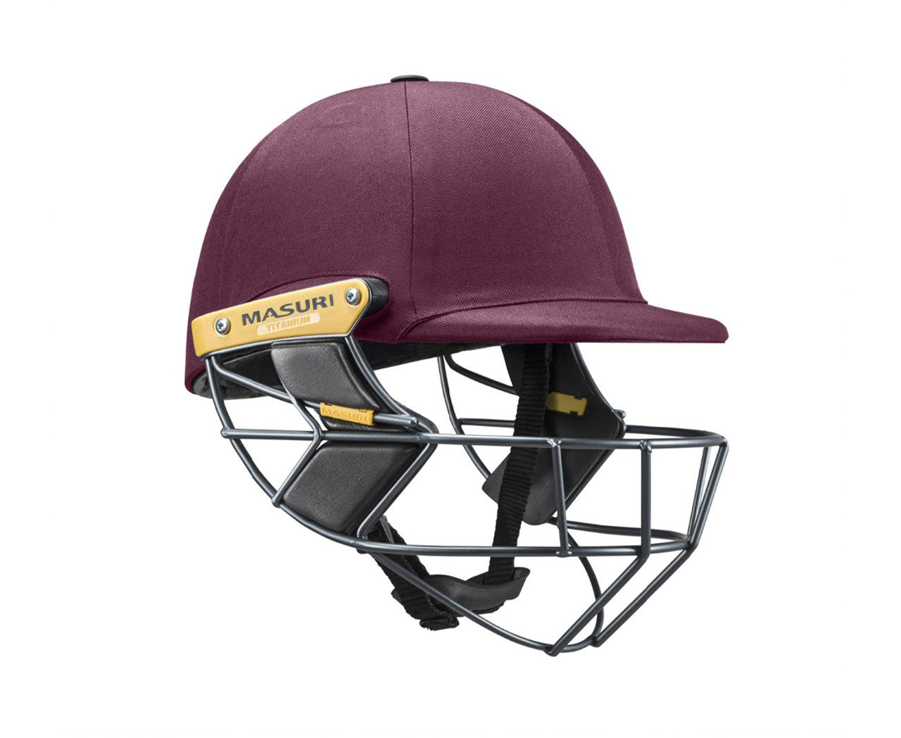 Masuri T Line Titanium Senior Batting Helmet in maroon colour, featuring titanium grille and cloth cover.