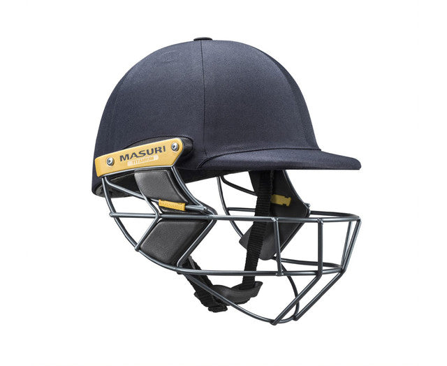 Masuri T Line Titanium Senior Batting Helmet in navy, front angle showing titanium grille and cloth-covered shell.