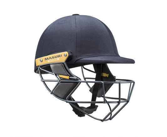 Masuri T Line Titanium Senior Batting Helmet in navy, front angle showing titanium grille and cloth-covered shell.
