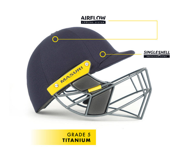 Side profile of Masuri T Line Titanium Senior Cricket Helmet with yellow grille mounts and airflow vents.