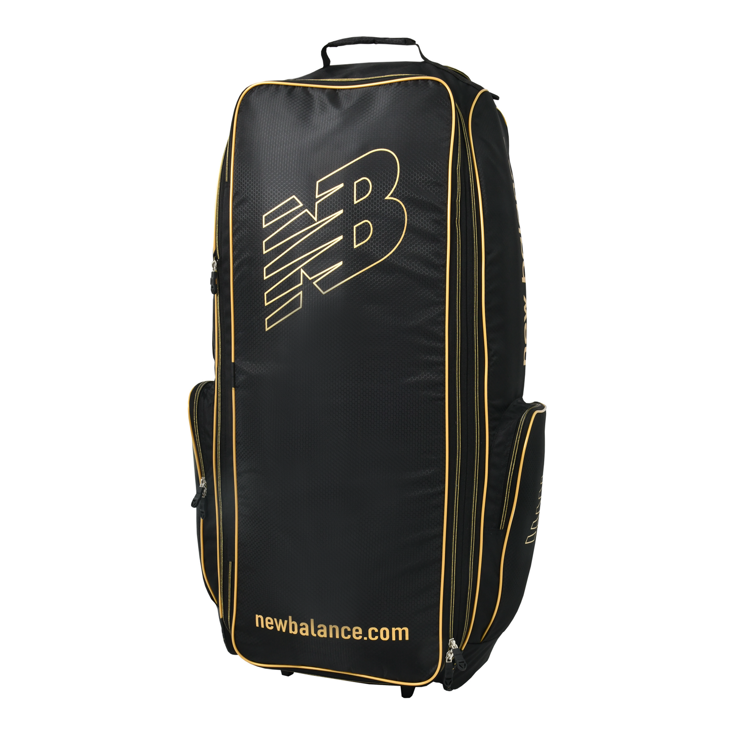 front view of New Balance 1000 Combo Cricket Bag in black with gold trim