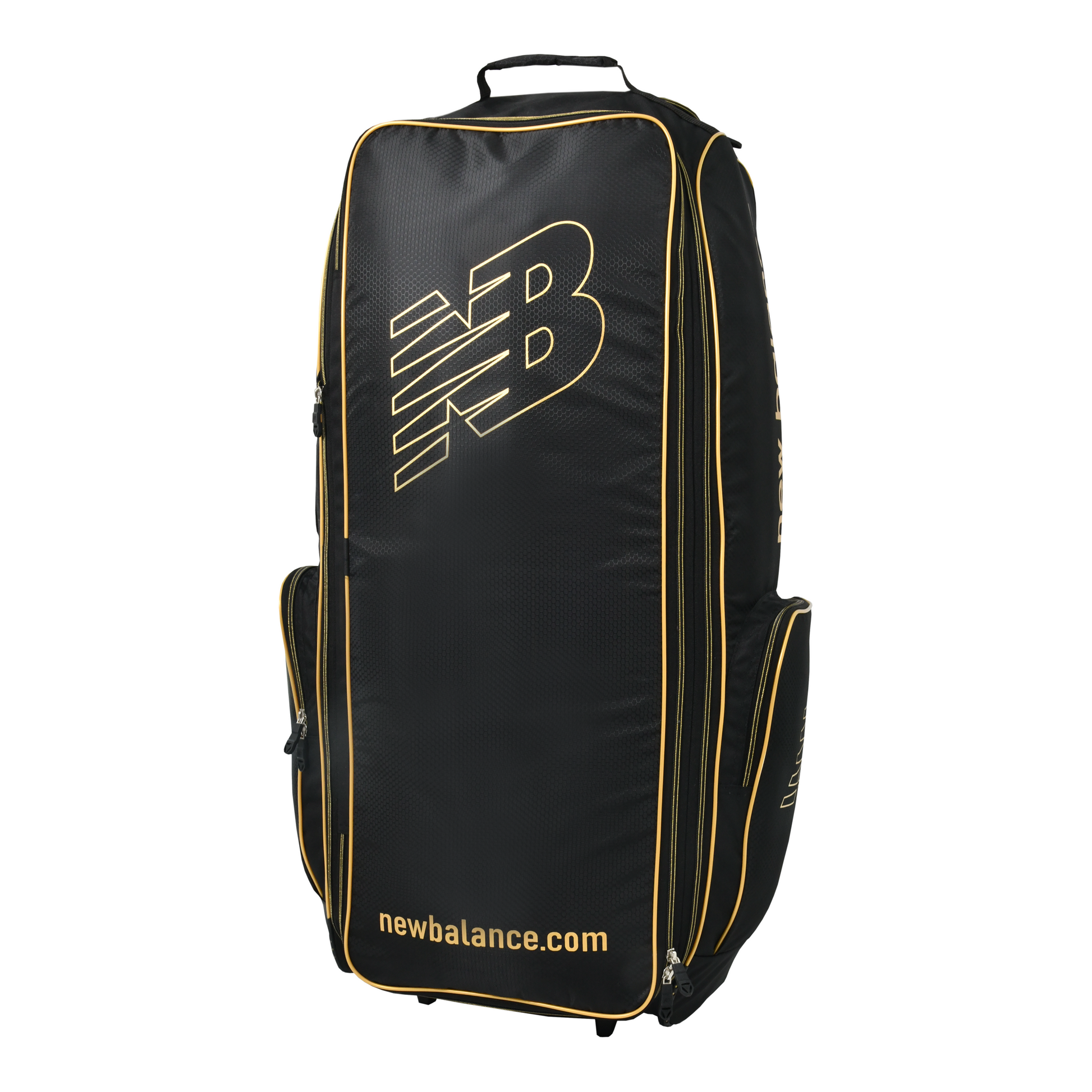 front view of New Balance 1000 Combo Cricket Bag in black with gold trim