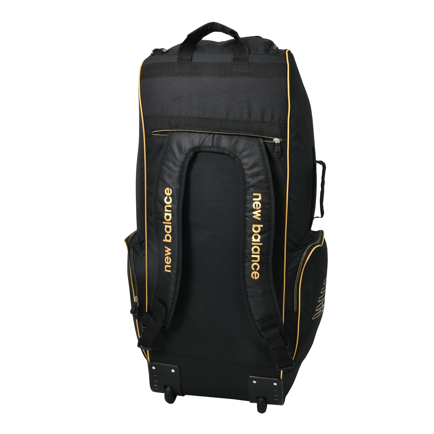 side angle showing compartments and structure of New Balance 1000 cricket bag