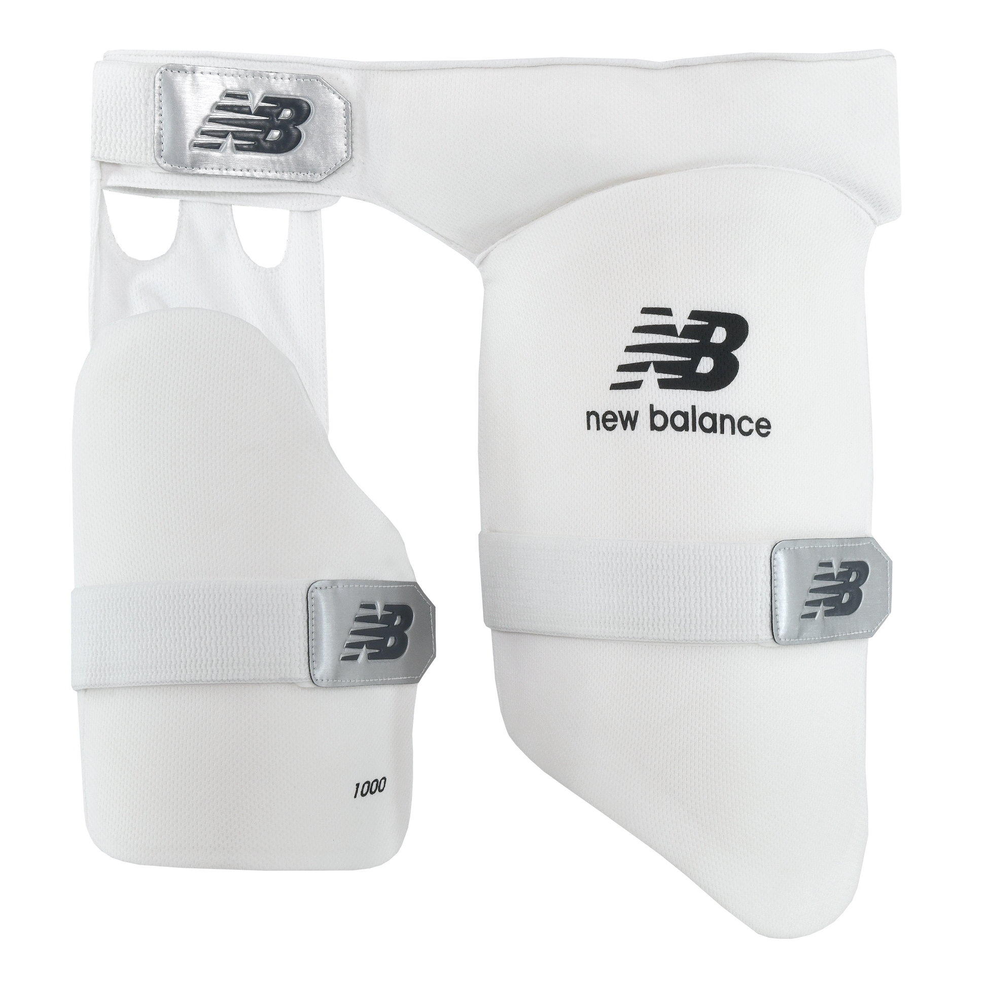 front view of New Balance 1000 Lower Body Protector in white with straps and logo