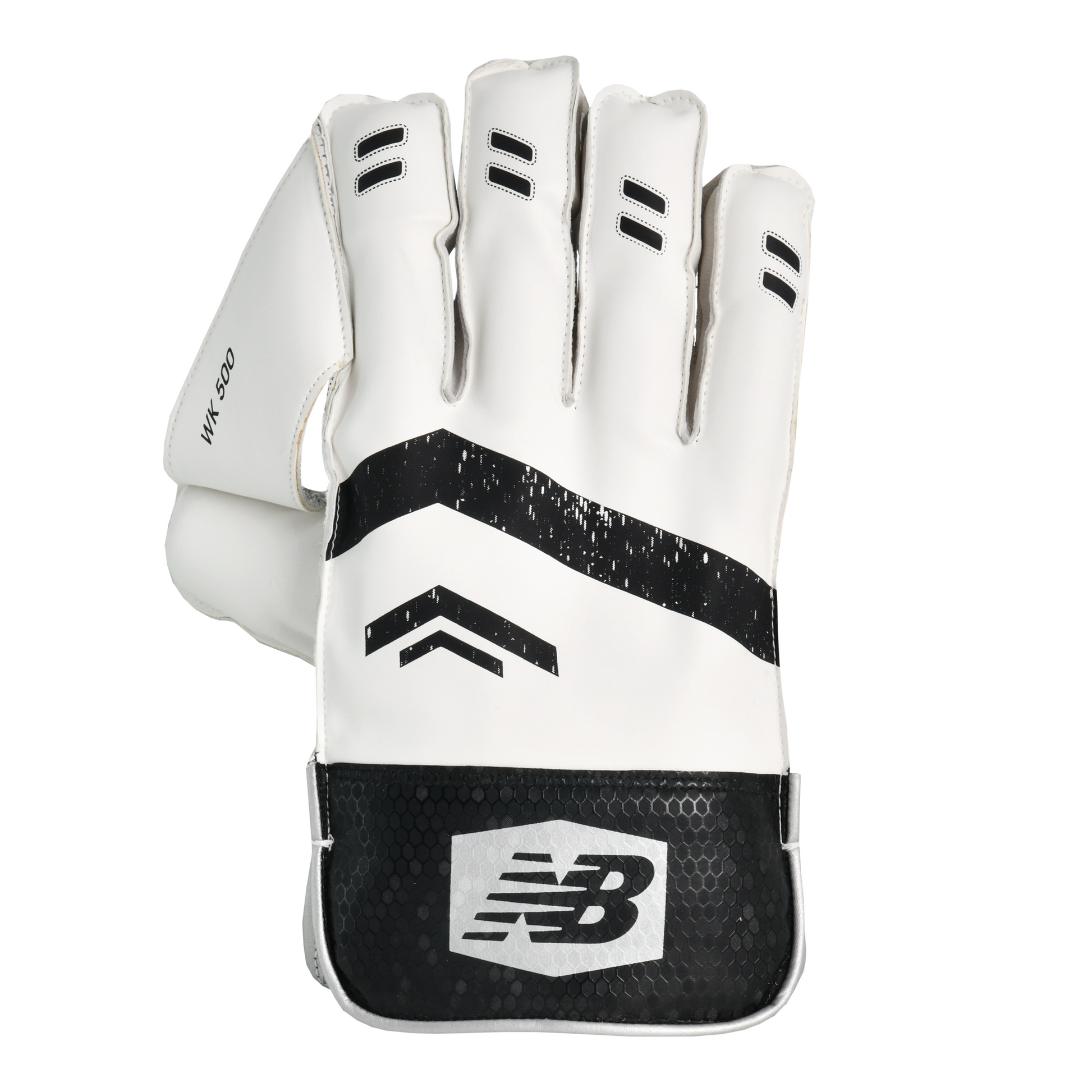 Front view of New Balance 500 wicket keeping gloves showing ergonomic cupping design and PU back.