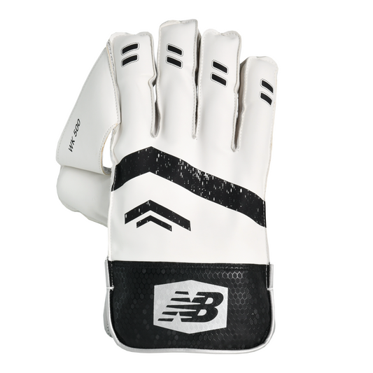 Front view of New Balance 500 wicket keeping gloves showing ergonomic cupping design and PU back.