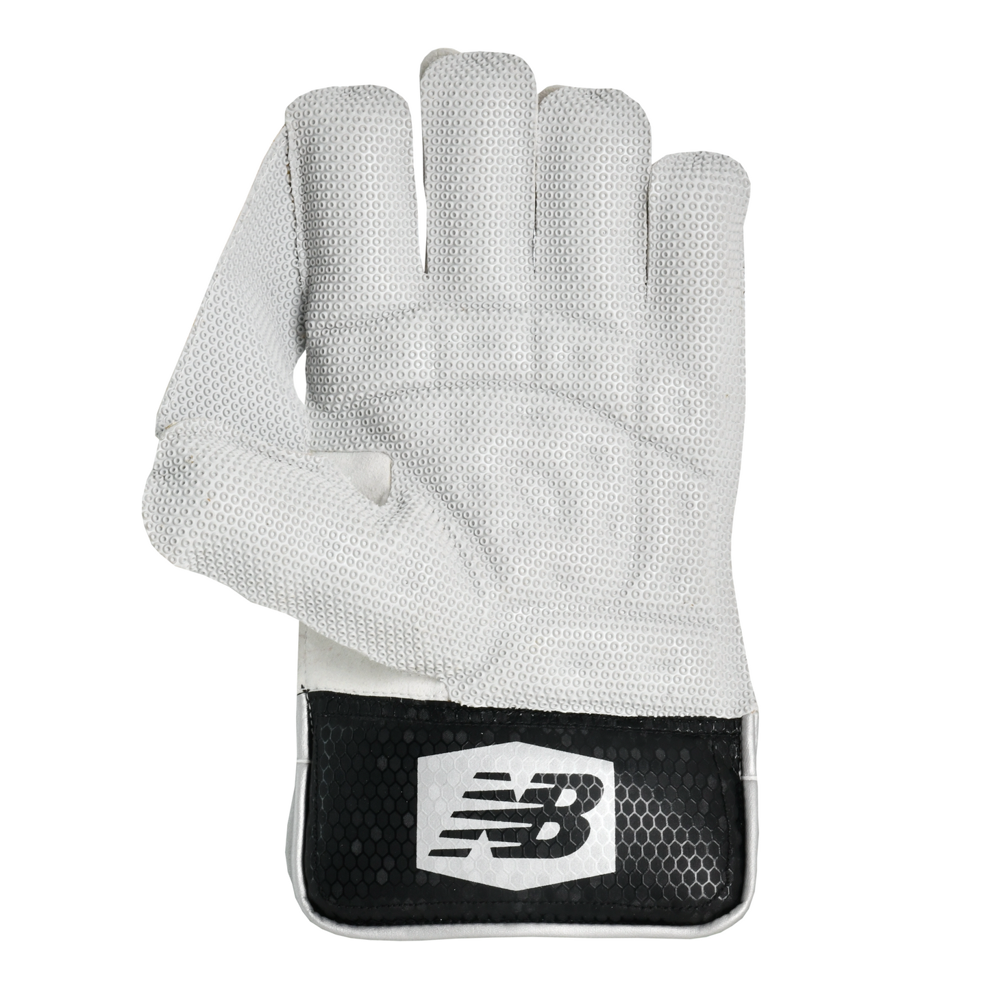 Palm view of New Balance 500 wicket keeping gloves showing octopus rubber grip sheet and microfiber palm.