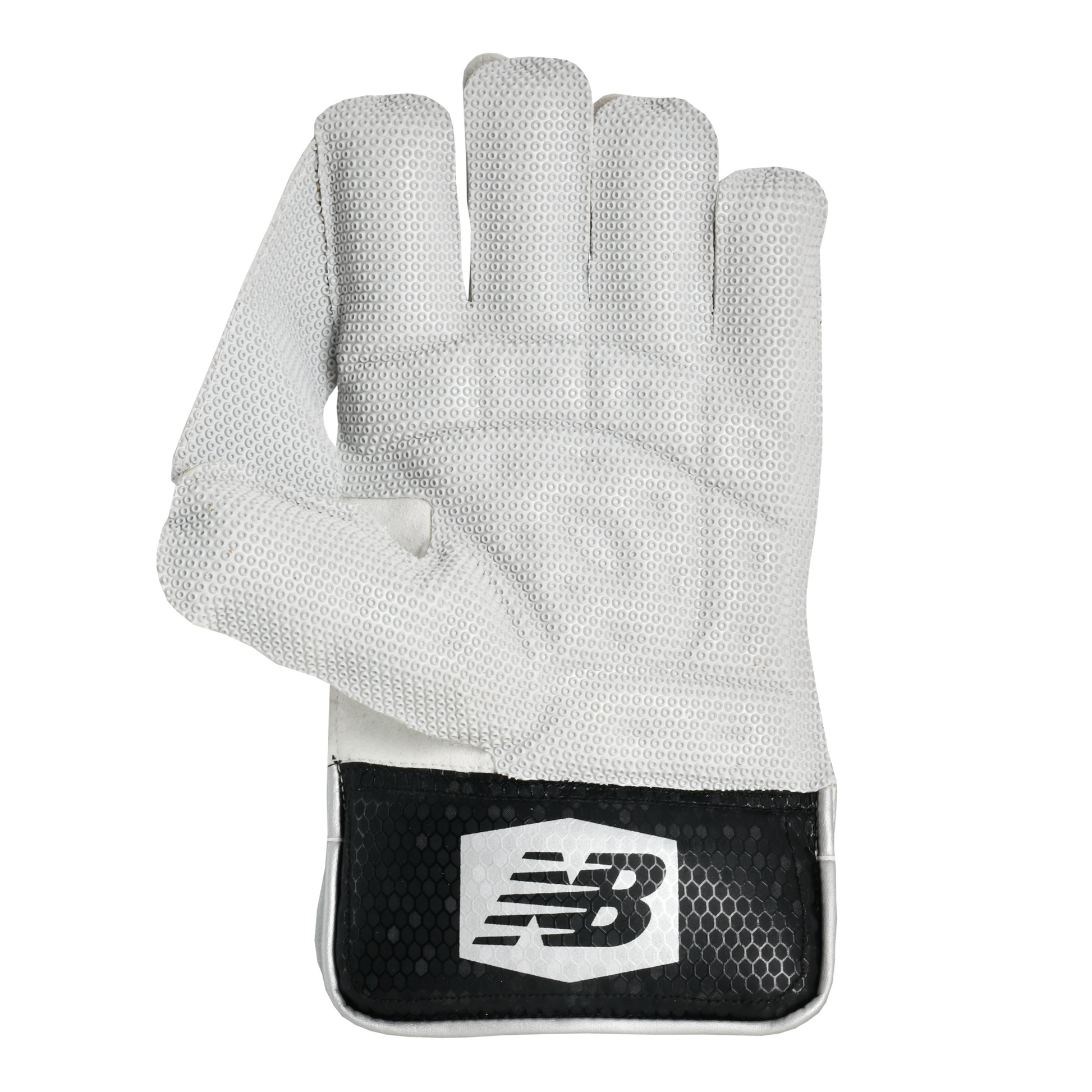 Palm view of New Balance 500 wicket keeping gloves showing octopus rubber grip sheet and microfiber palm.