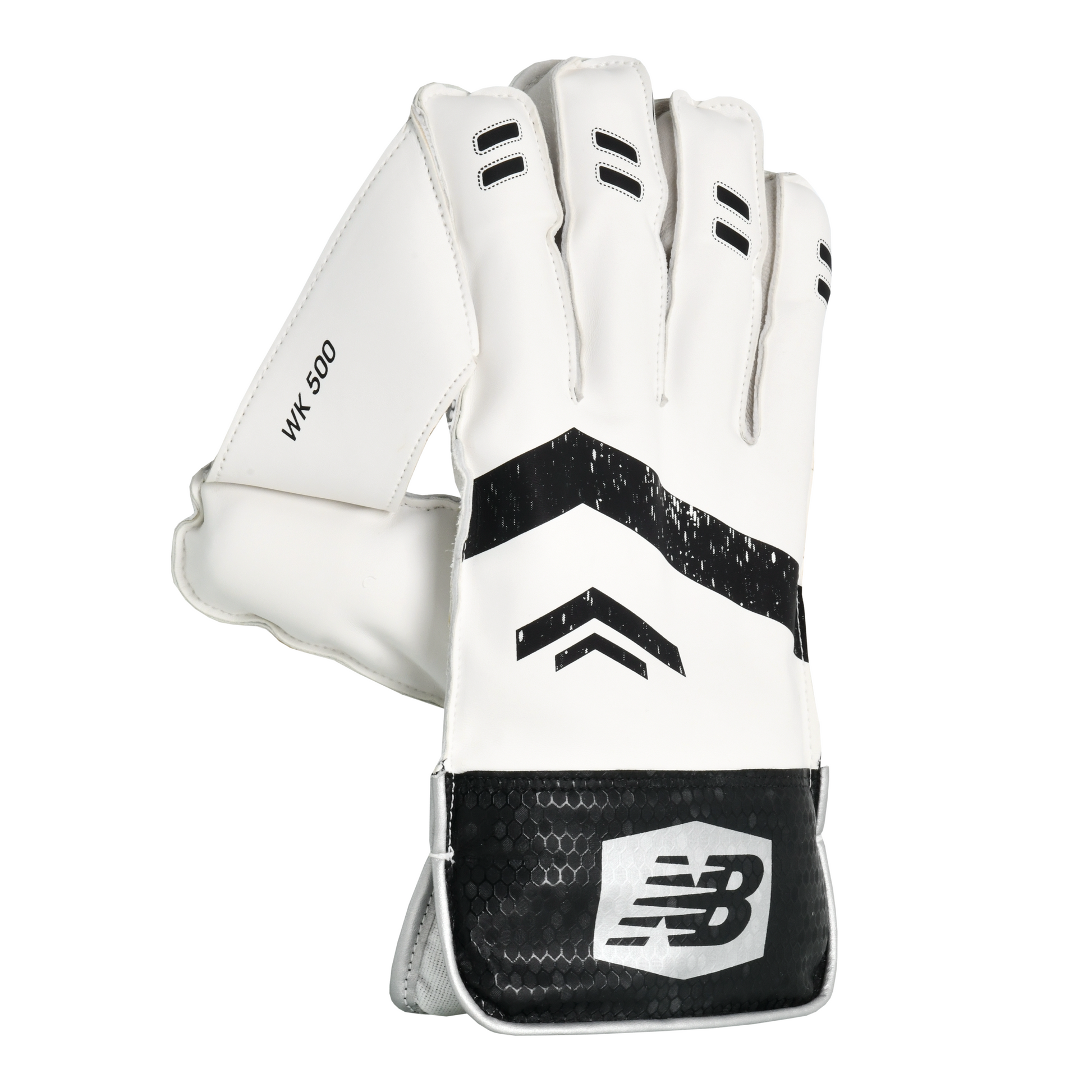 Side profile of New Balance 500 wicket keeping gloves highlighting finger shape and PU reinforcement.