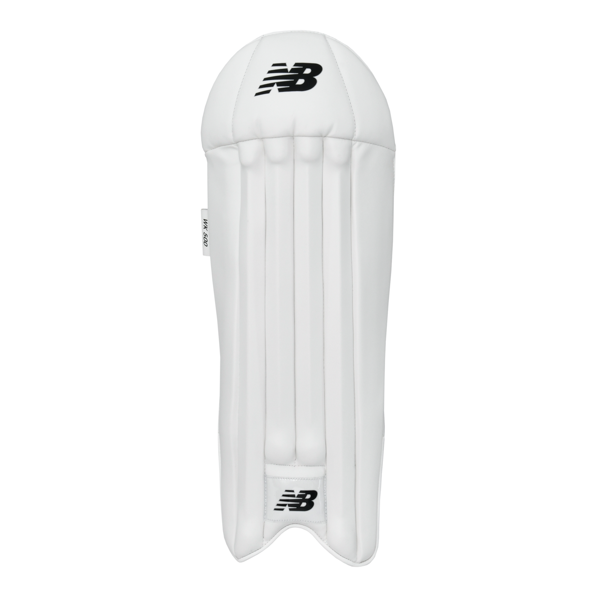 Front view of New Balance 500 wicket keeping pads showing lightweight PU front and comfort flex design.