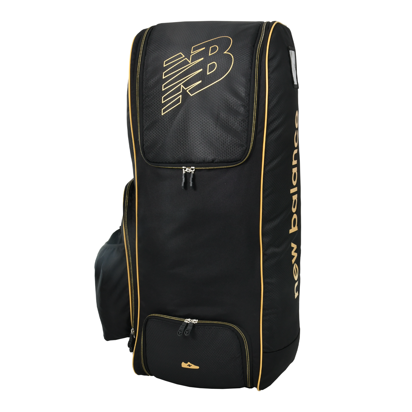 front view of New Balance 800 Combo Cricket Bag in black with gold detailing