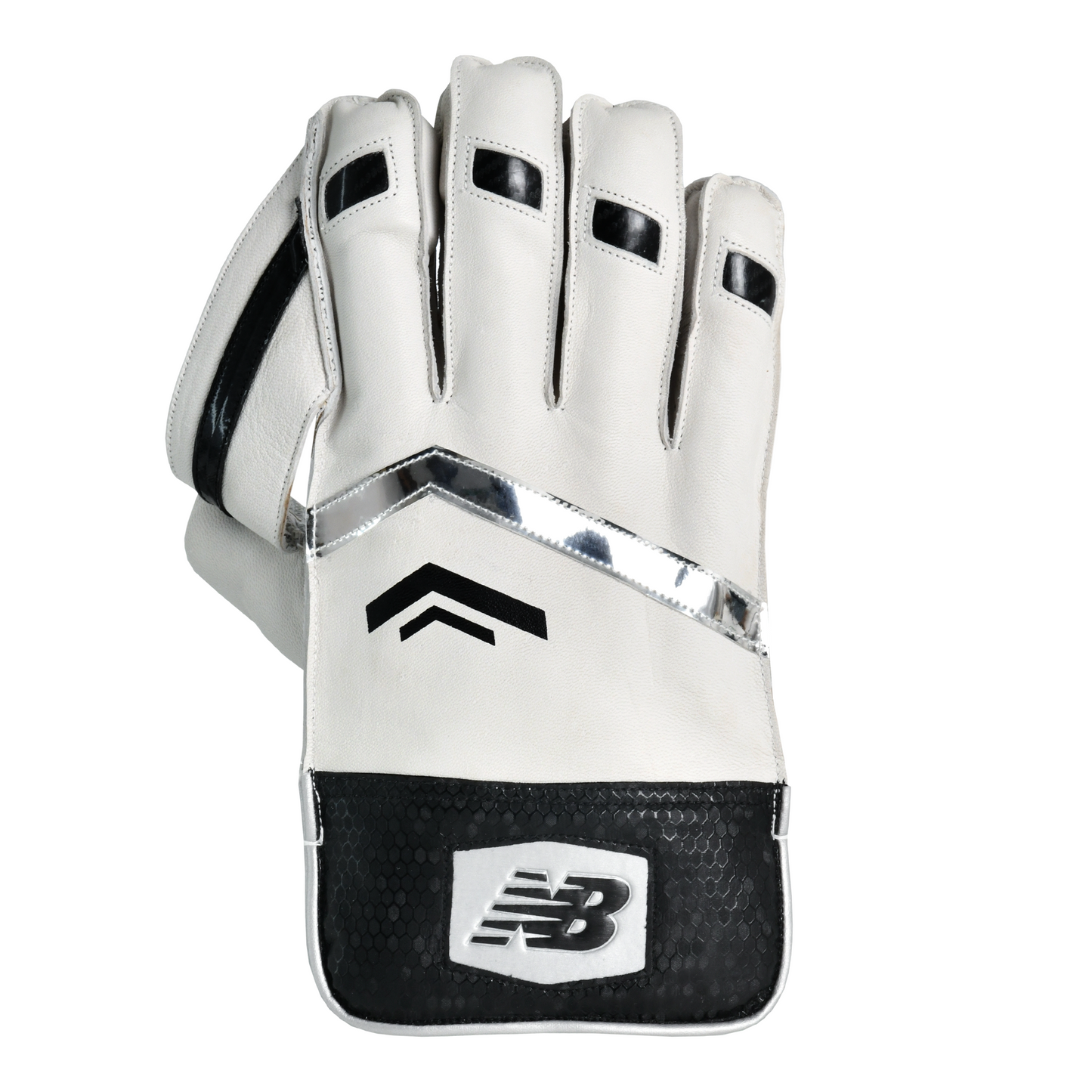 Front view of New Balance 800 wicket keeping gloves showing ergonomic cupping design and leather fingers.