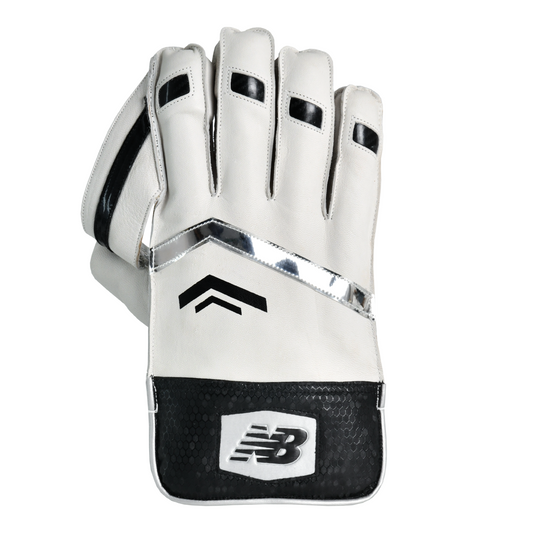 Front view of New Balance 800 wicket keeping gloves showing ergonomic cupping design and leather fingers.