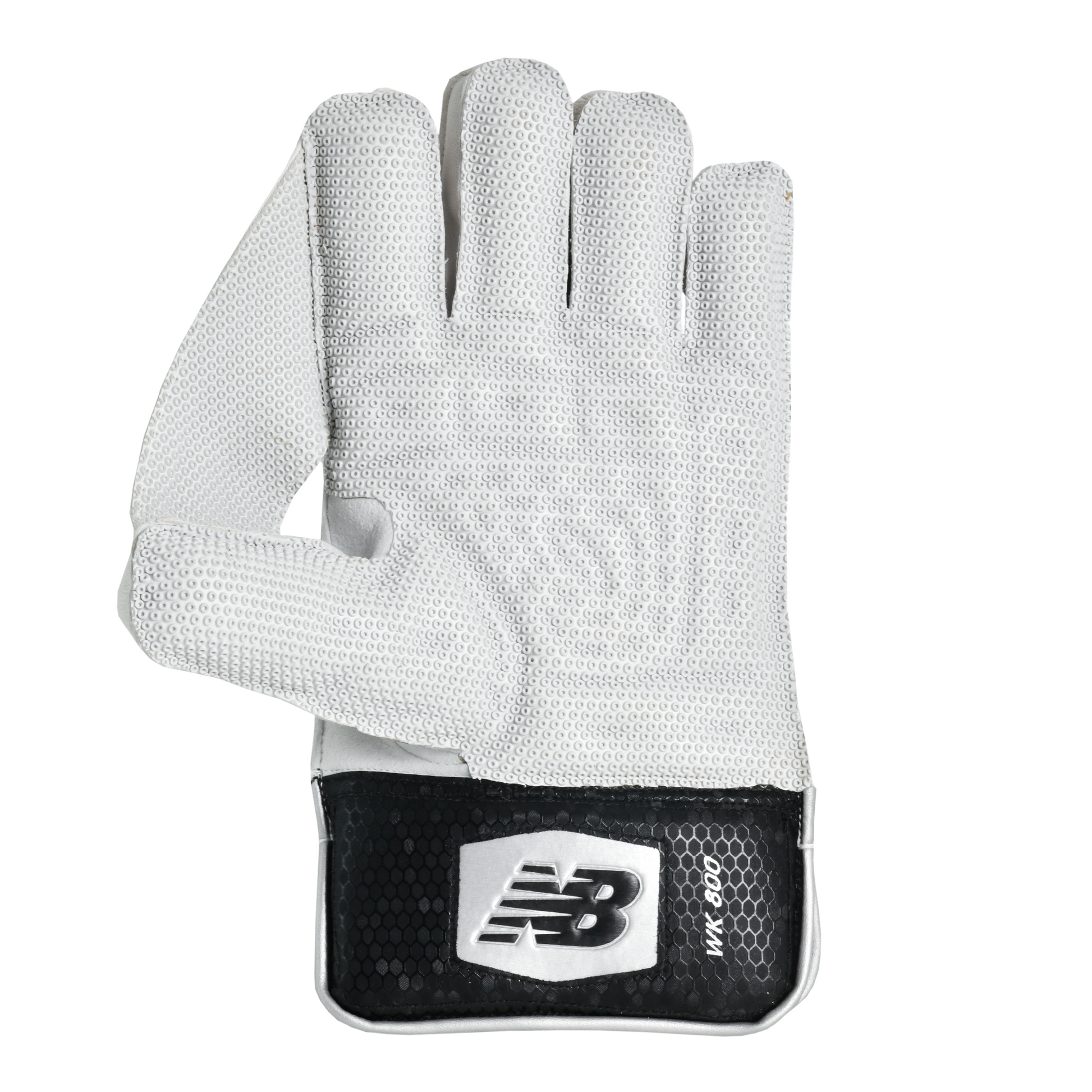 Palm view of New Balance 800 wicket keeping gloves showing octopus rubber grip sheet for enhanced catching control.