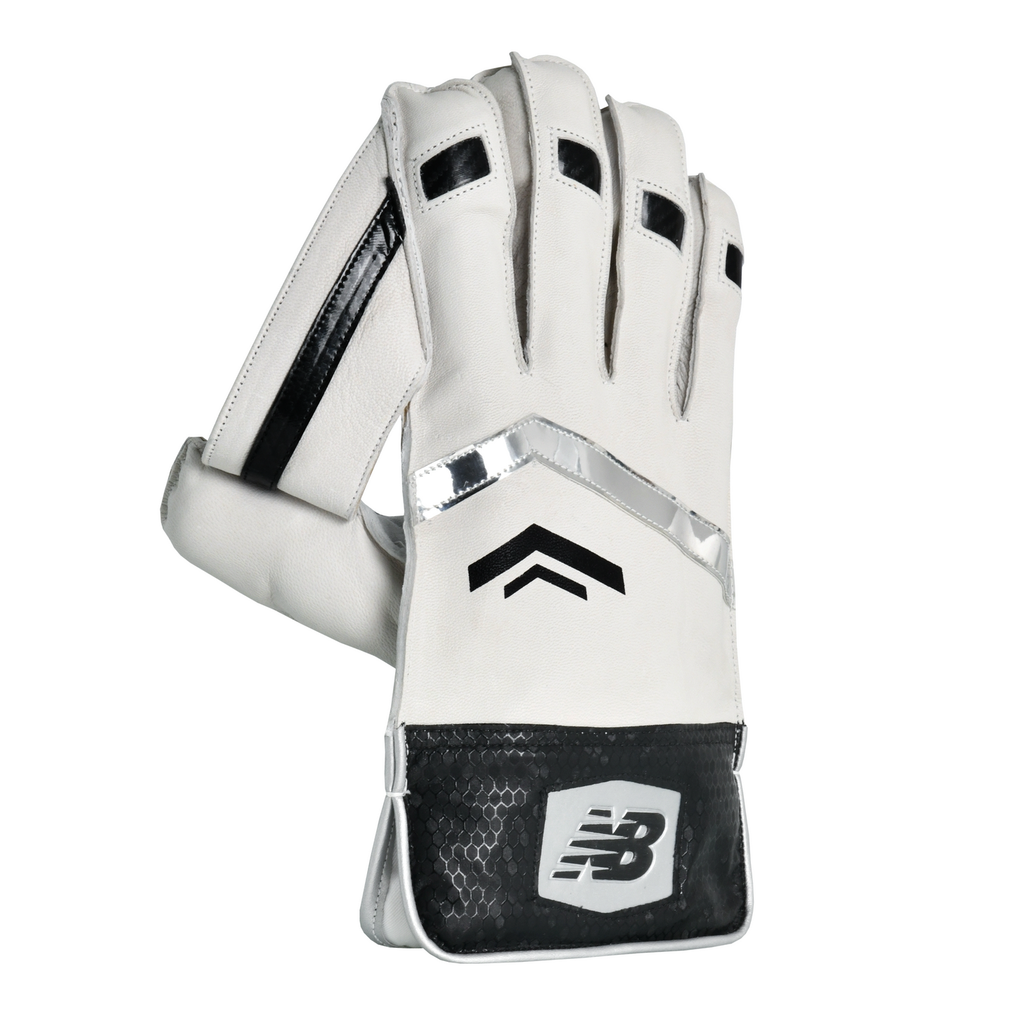 Side profile of New Balance 800 wicket keeping gloves highlighting PU reinforcement inserts and finger protection.