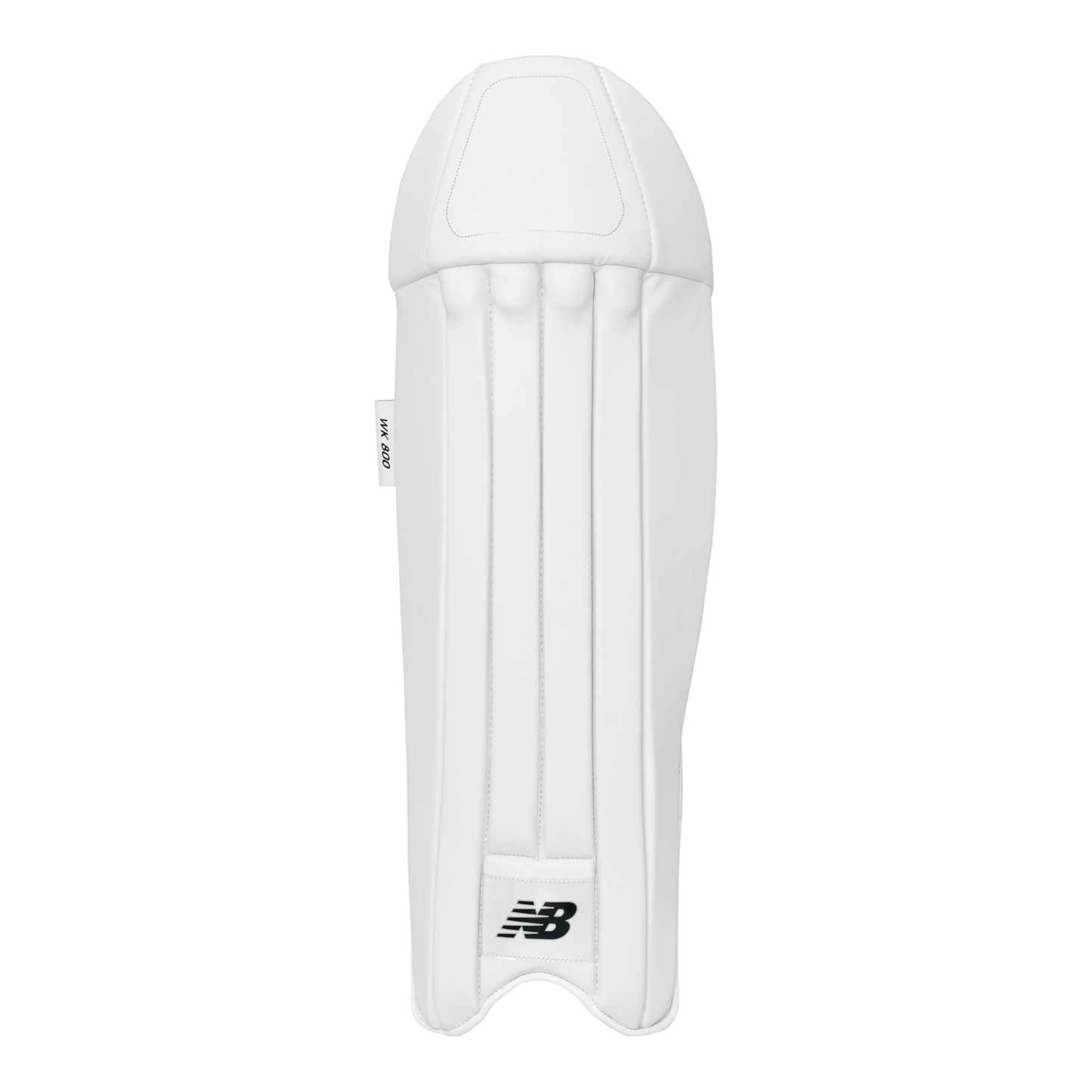 Front view of New Balance 800 wicket keeping pads showing lightweight conventional design and PU front.