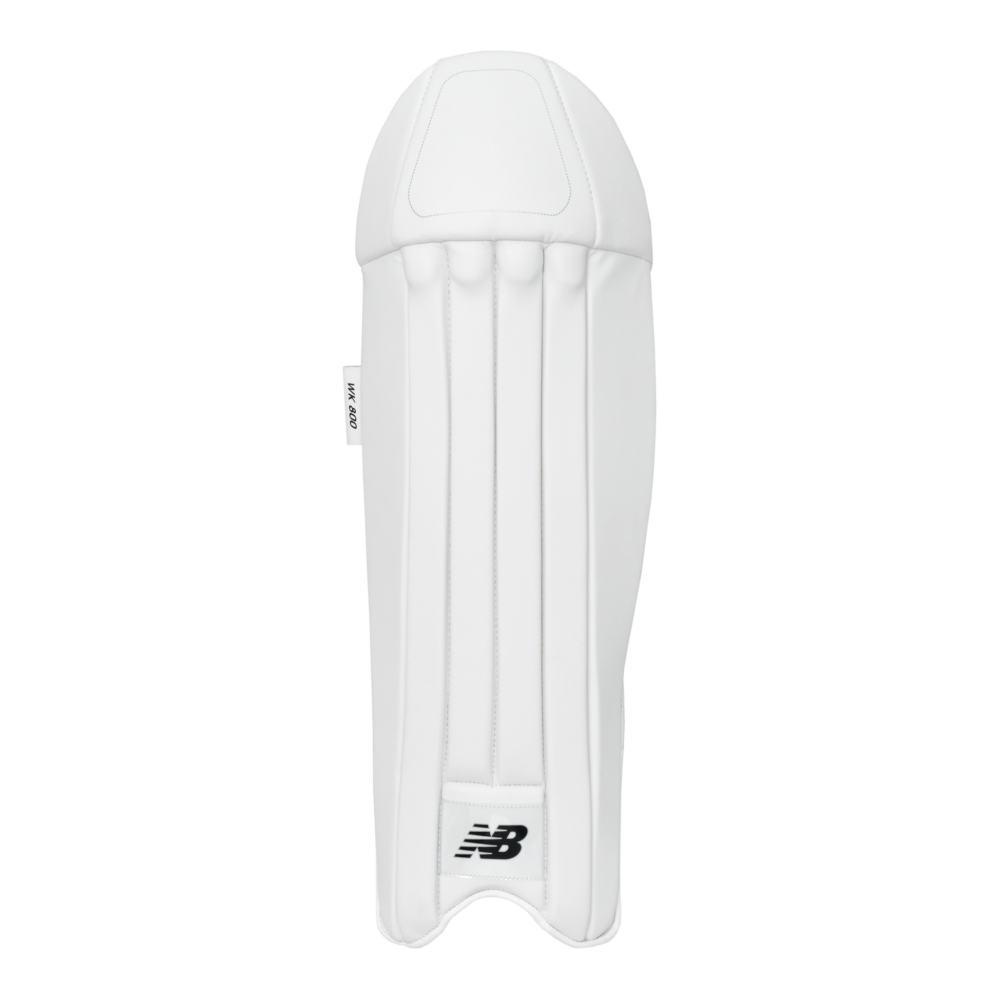 Front view of New Balance 800 wicket keeping pads showing lightweight conventional design and PU front.