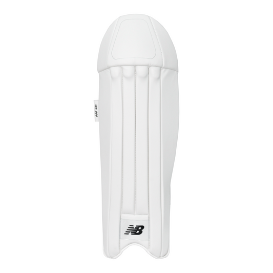 Front view of New Balance 800 wicket keeping pads showing lightweight conventional design and PU front.