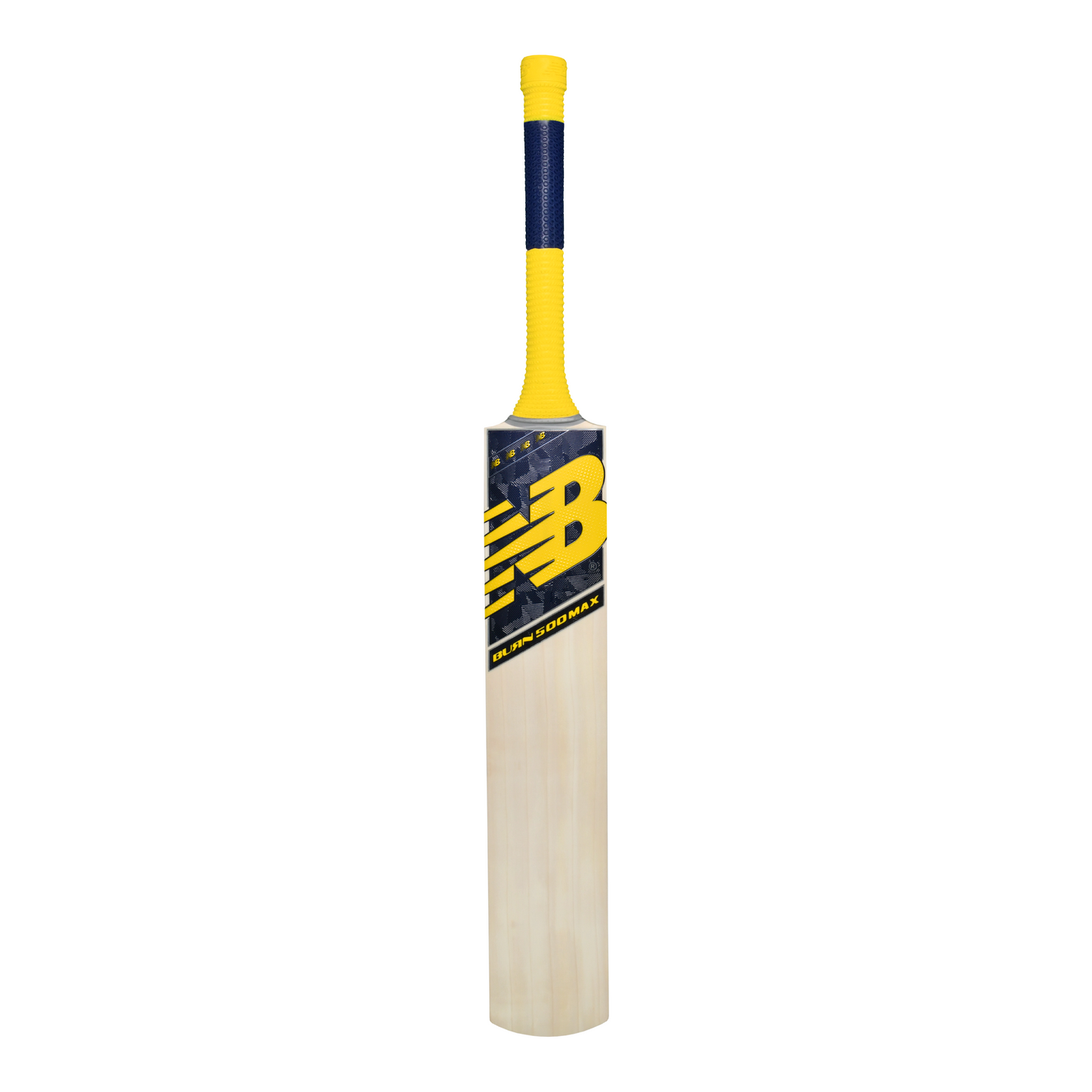 Front view of the New Balance BURN 500 MAX cricket bat showing modern BURN branding and blade face.