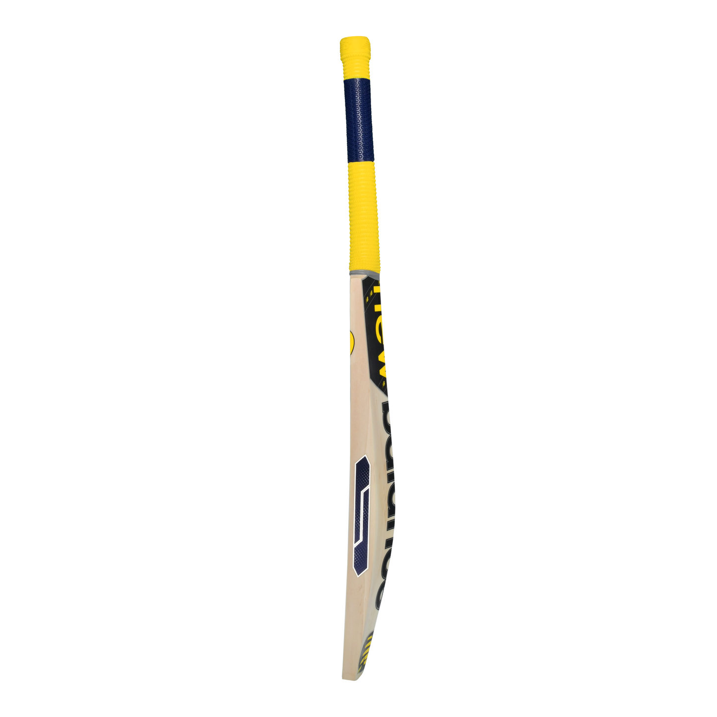 Side profile of the New Balance BURN 500 MAX cricket bat showing shorter blade and longer handle design.