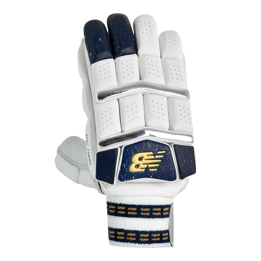 Front view of New Balance DC 1000 batting gloves showing PU finger rolls and DC branding.