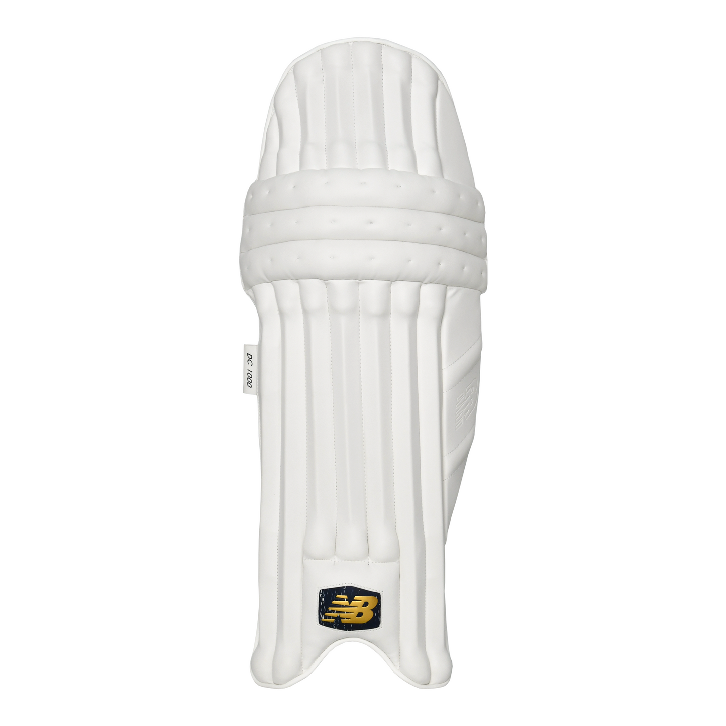 Front view of New Balance DC 1000 batting pad showing modern seven-bar PU construction.