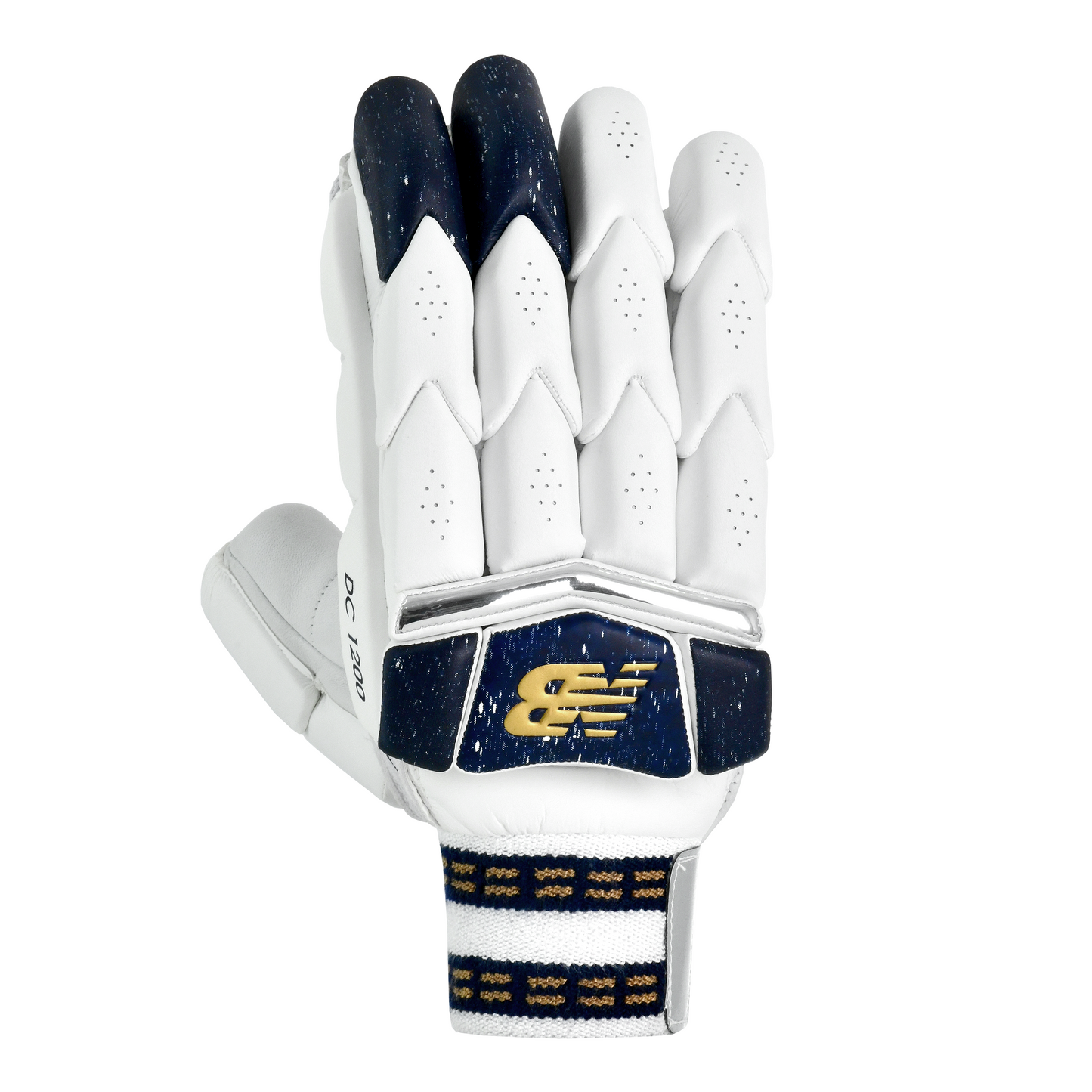 Front view of New Balance DC 1200 batting gloves showing V-split finger design and PU finger rolls.