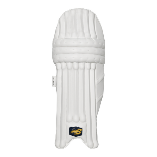 Front view of New Balance DC 1200 batting pad showing modern seven-bar construction and premium PU facing.