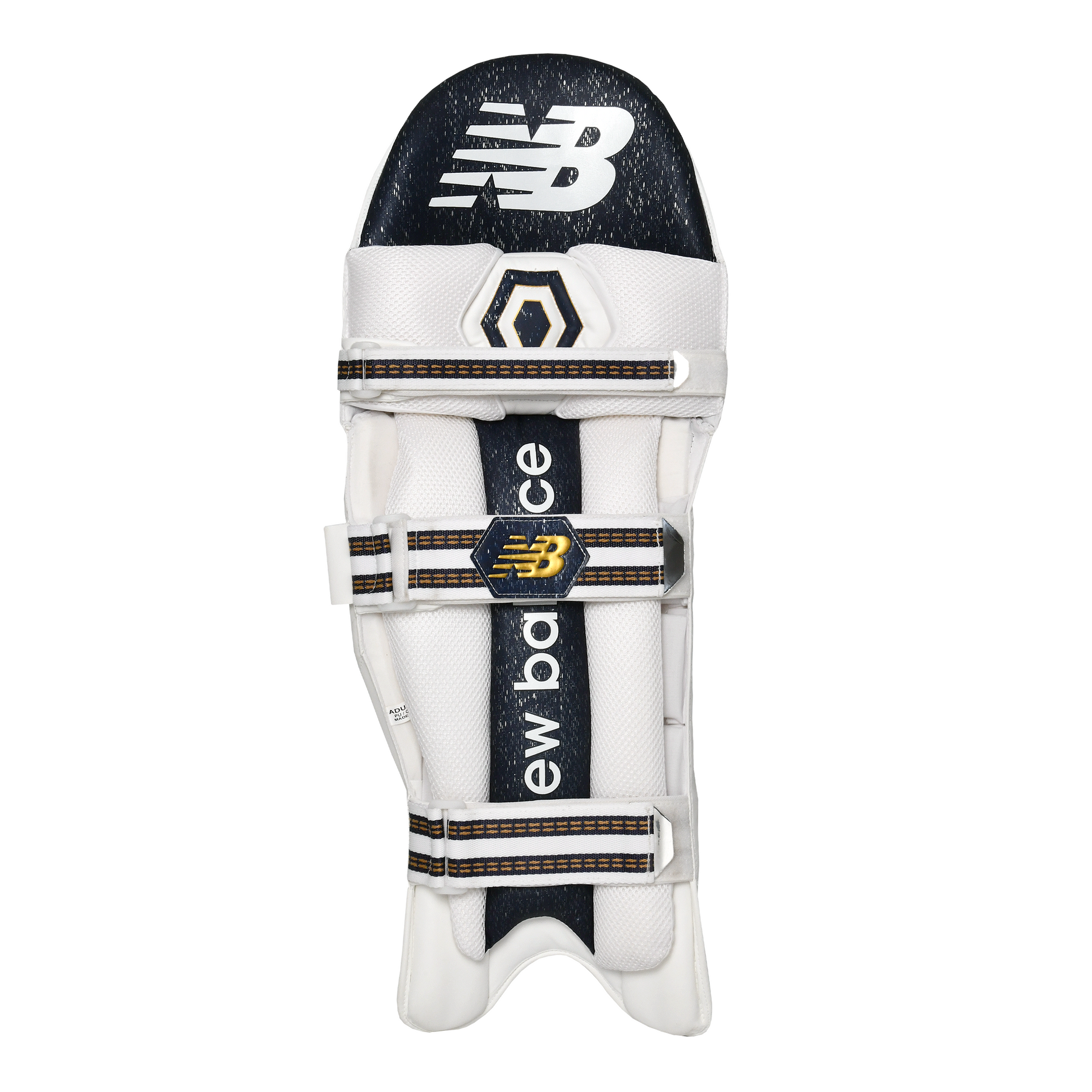 Rear view of New Balance DC 1200 batting pad highlighting cushioned straps and vertical bolster system.