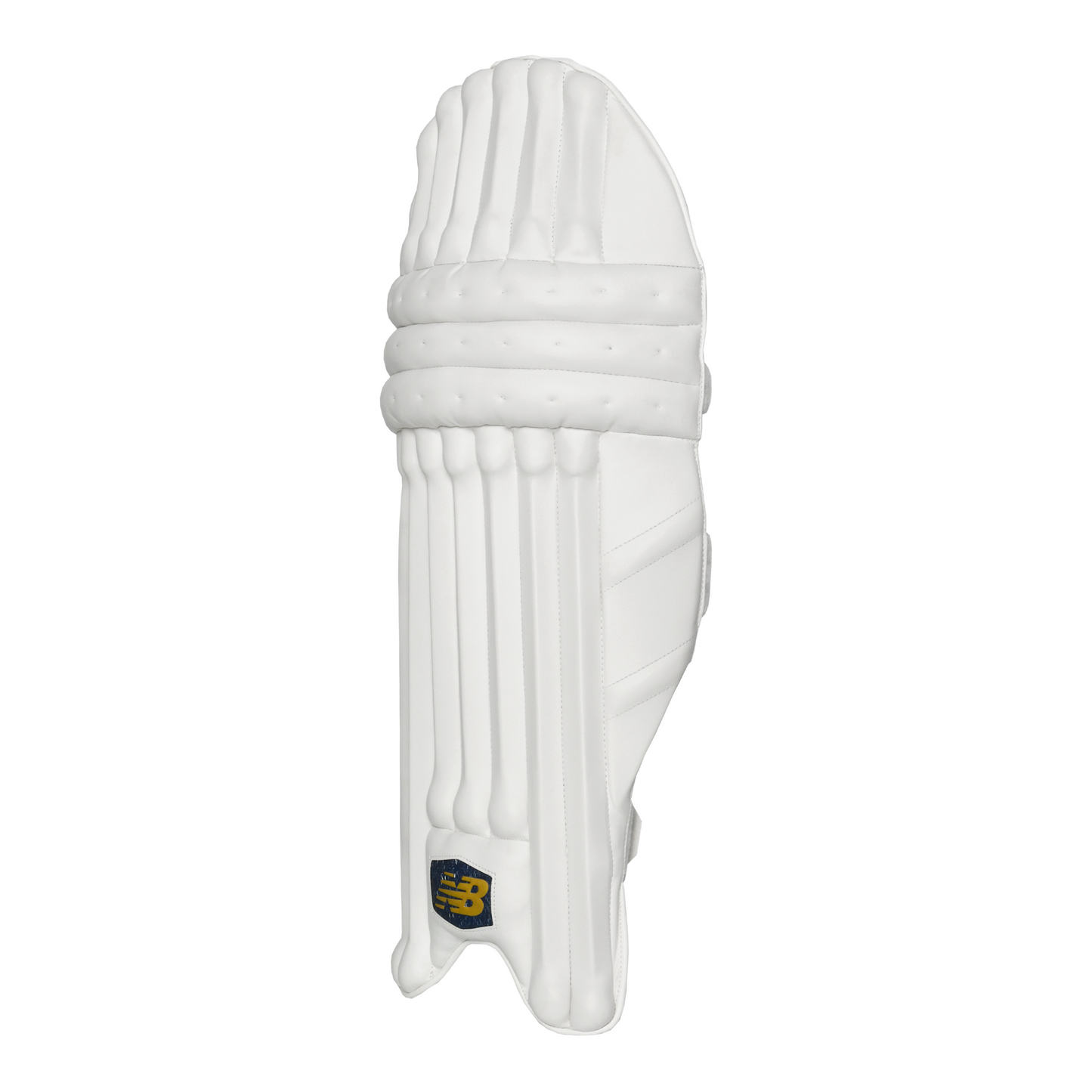 Side profile of New Balance DC 1200 batting pad showing knee roll shape and instep protection.