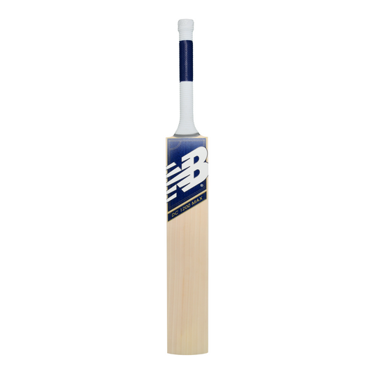 Front view of the New Balance DC 1200 MAX cricket bat showing DC profile and branding.