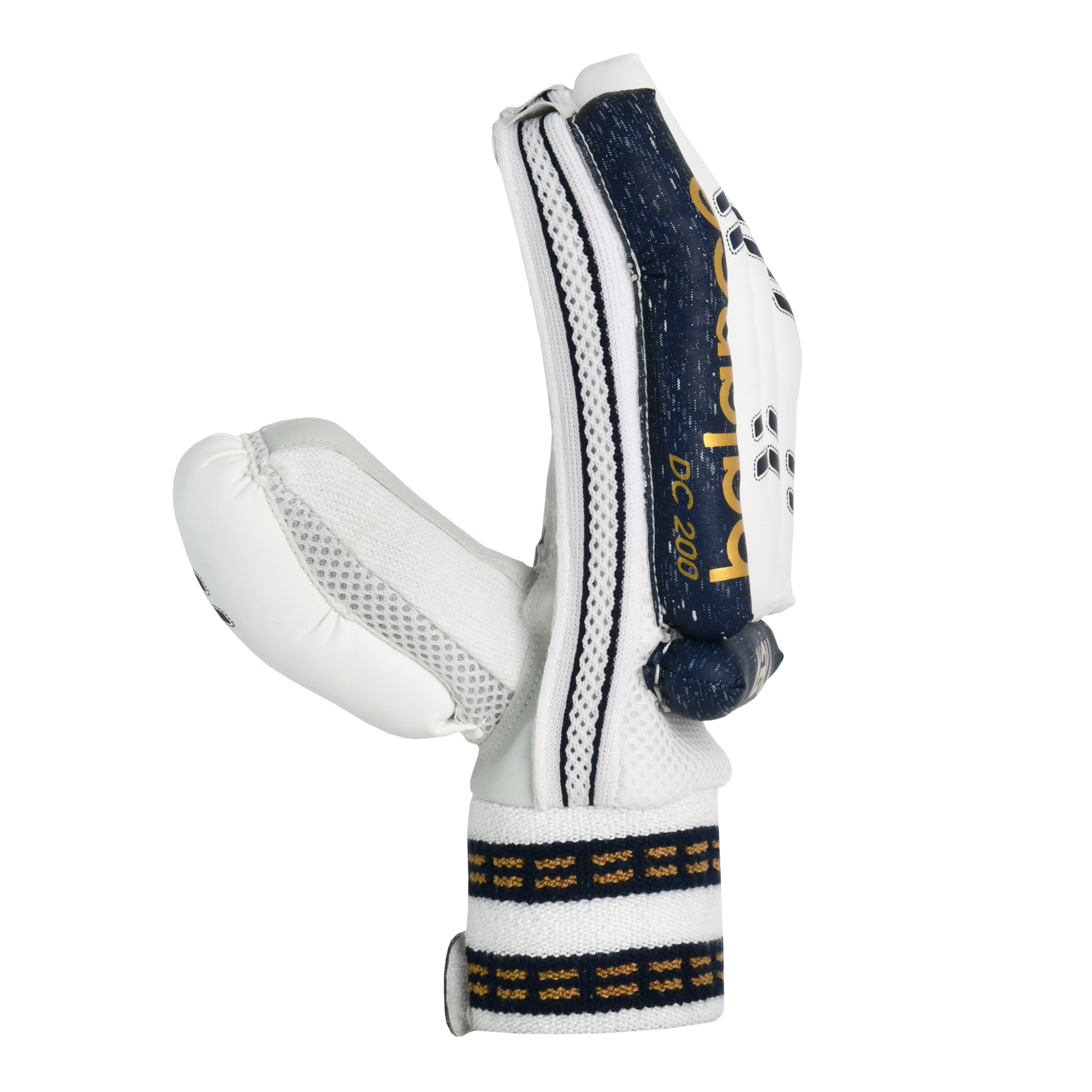 Side profile of New Balance DC 200 batting gloves highlighting flexible finger design and comfort fit.